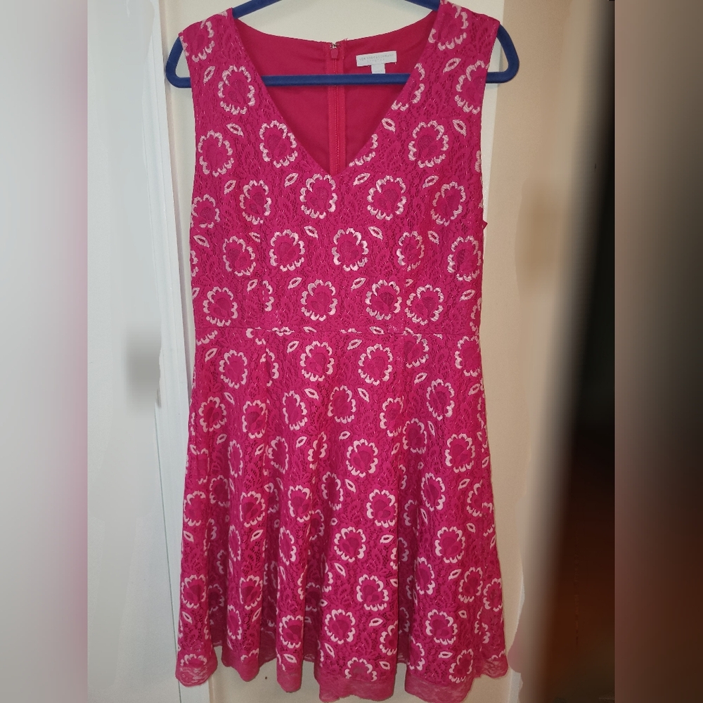 New York & Company Pink Floral Lace Fit & Flare Dress (Bin 11)